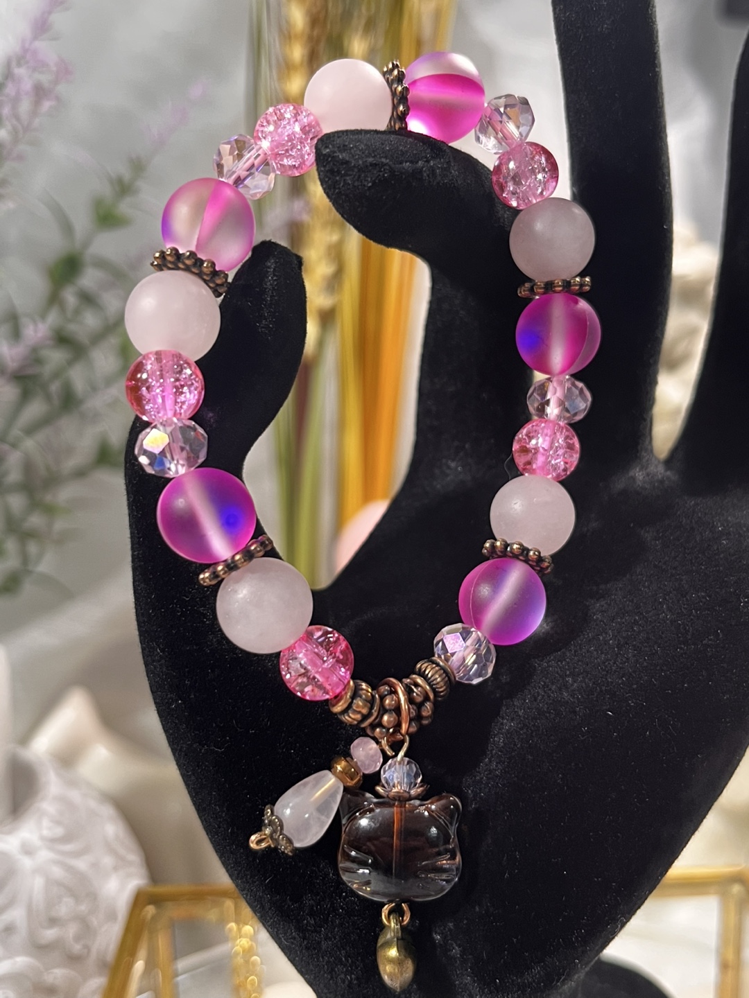 Cat Head on Rose Quartz and Pink Mystic Aura Bead Bracelet
