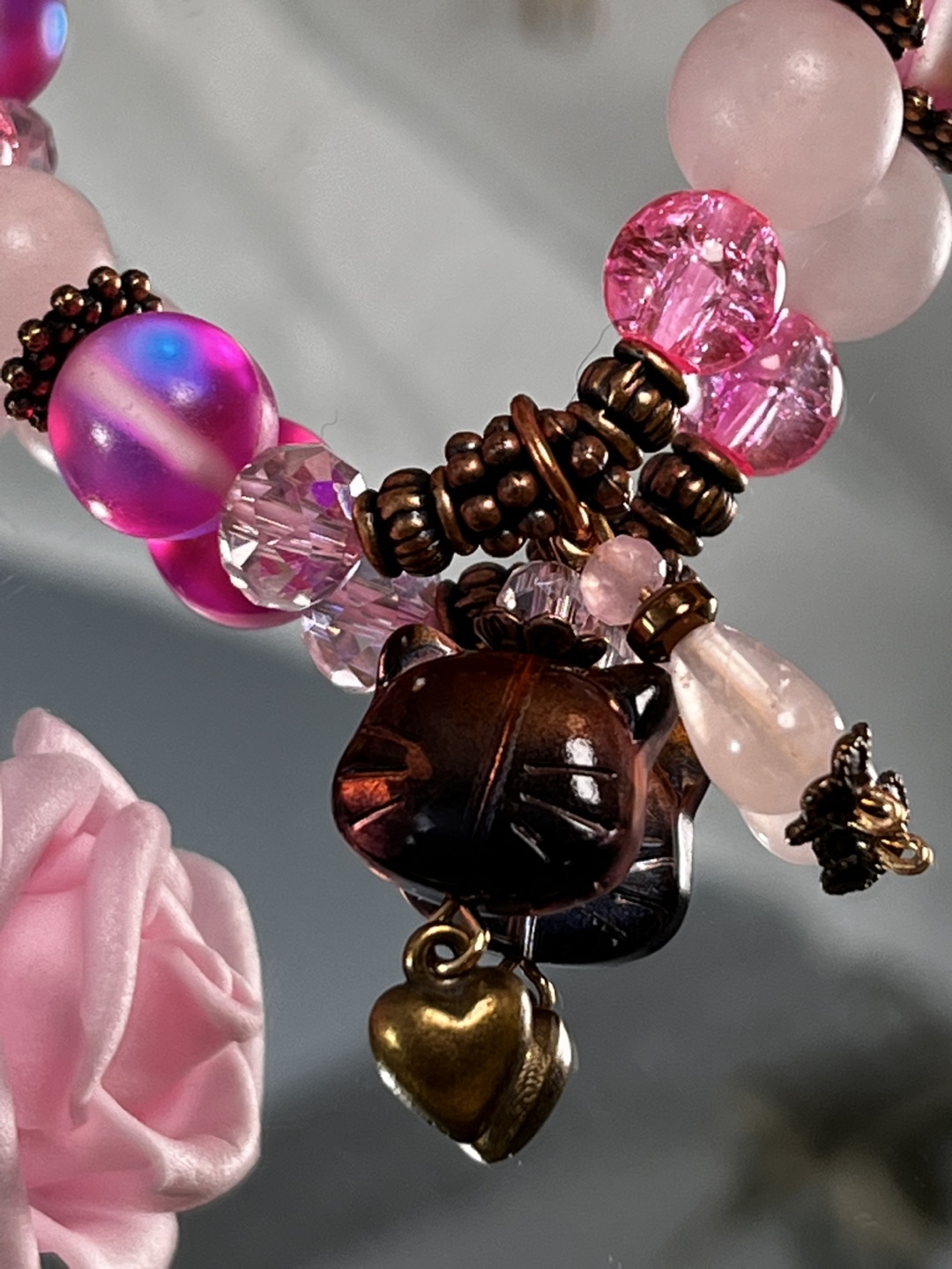 Cat Head on Rose Quartz and Pink Mystic Aura Bead Bracelet - photo 5