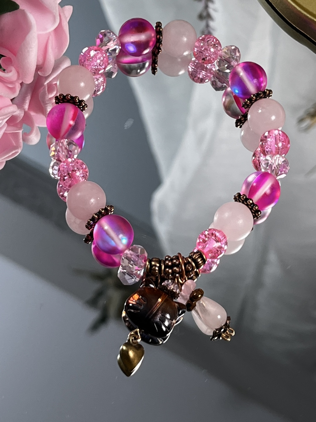 Cat Head on Rose Quartz and Pink Mystic Aura Bead Bracelet - photo 3