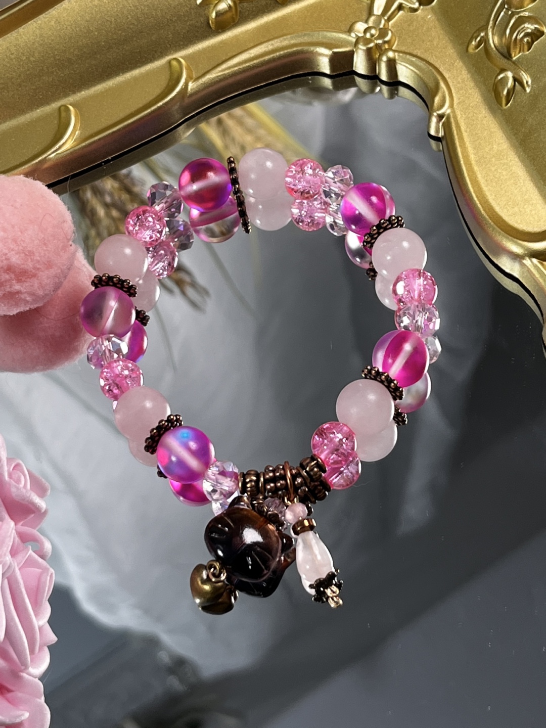 Cat Head on Rose Quartz and Pink Mystic Aura Bead Bracelet - photo 4