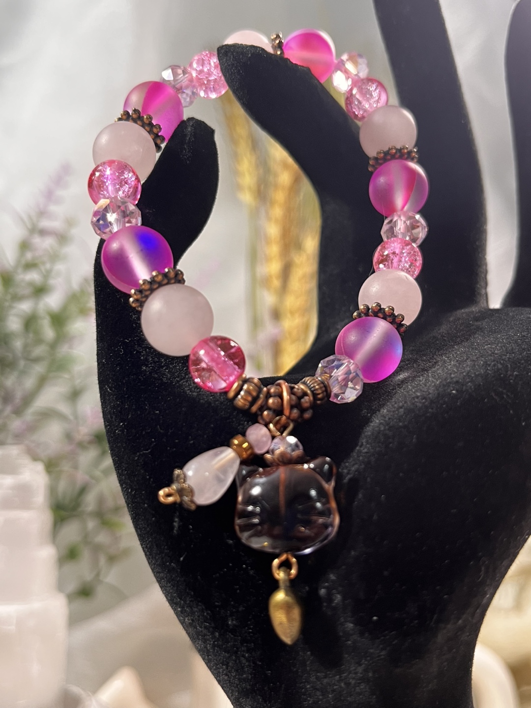 Cat Head on Rose Quartz and Pink Mystic Aura Bead Bracelet - photo 2