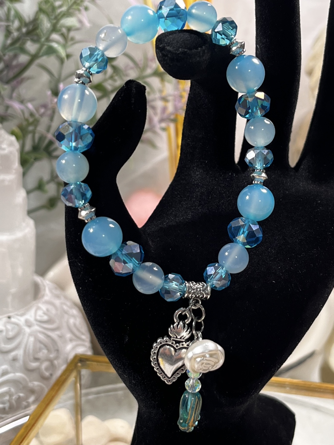 Rose, Tulip and Heart on Light Blue Agate Bead Bracelet - photo 2