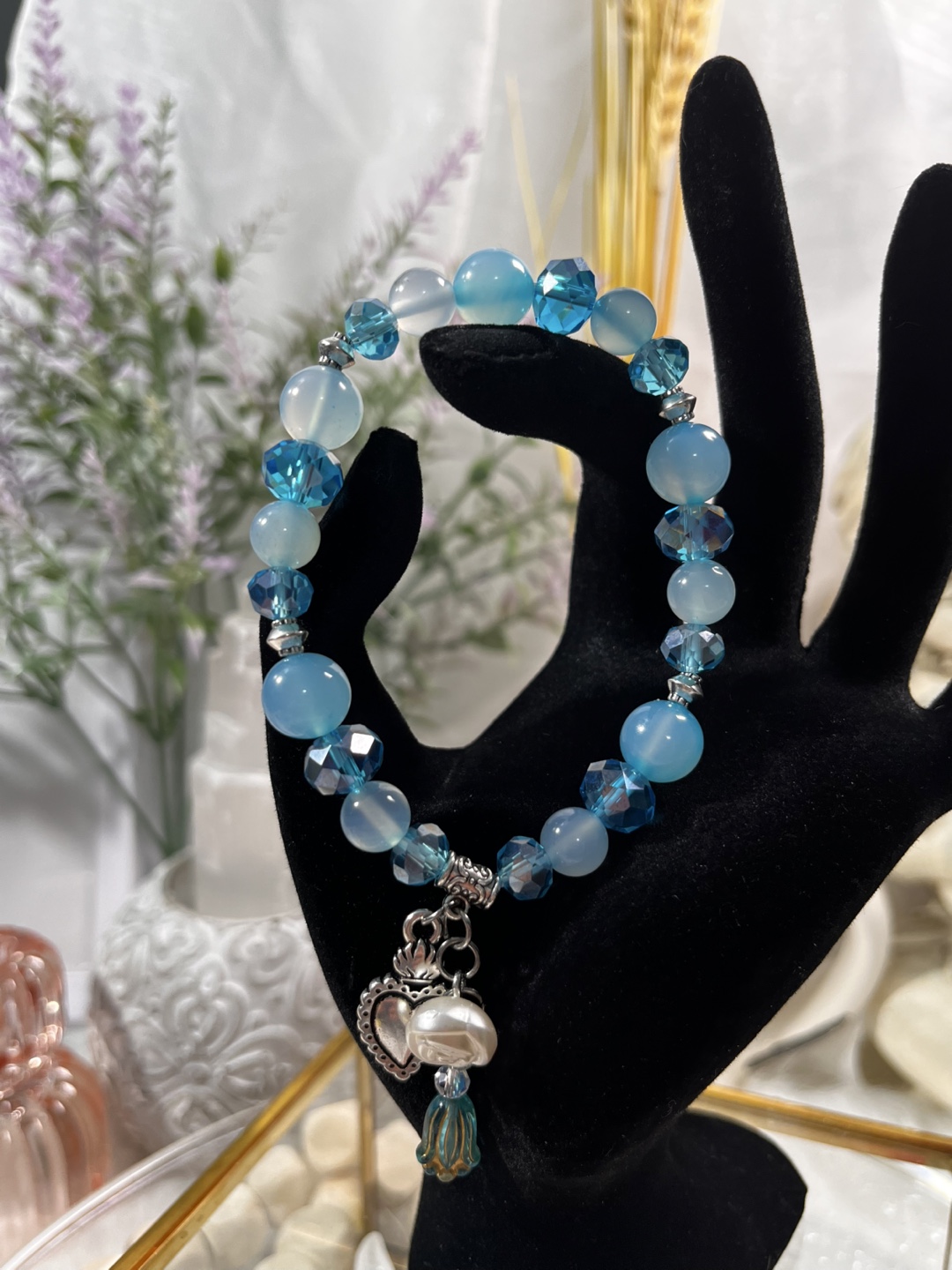 Rose, Tulip and Heart on Light Blue Agate Bead Bracelet