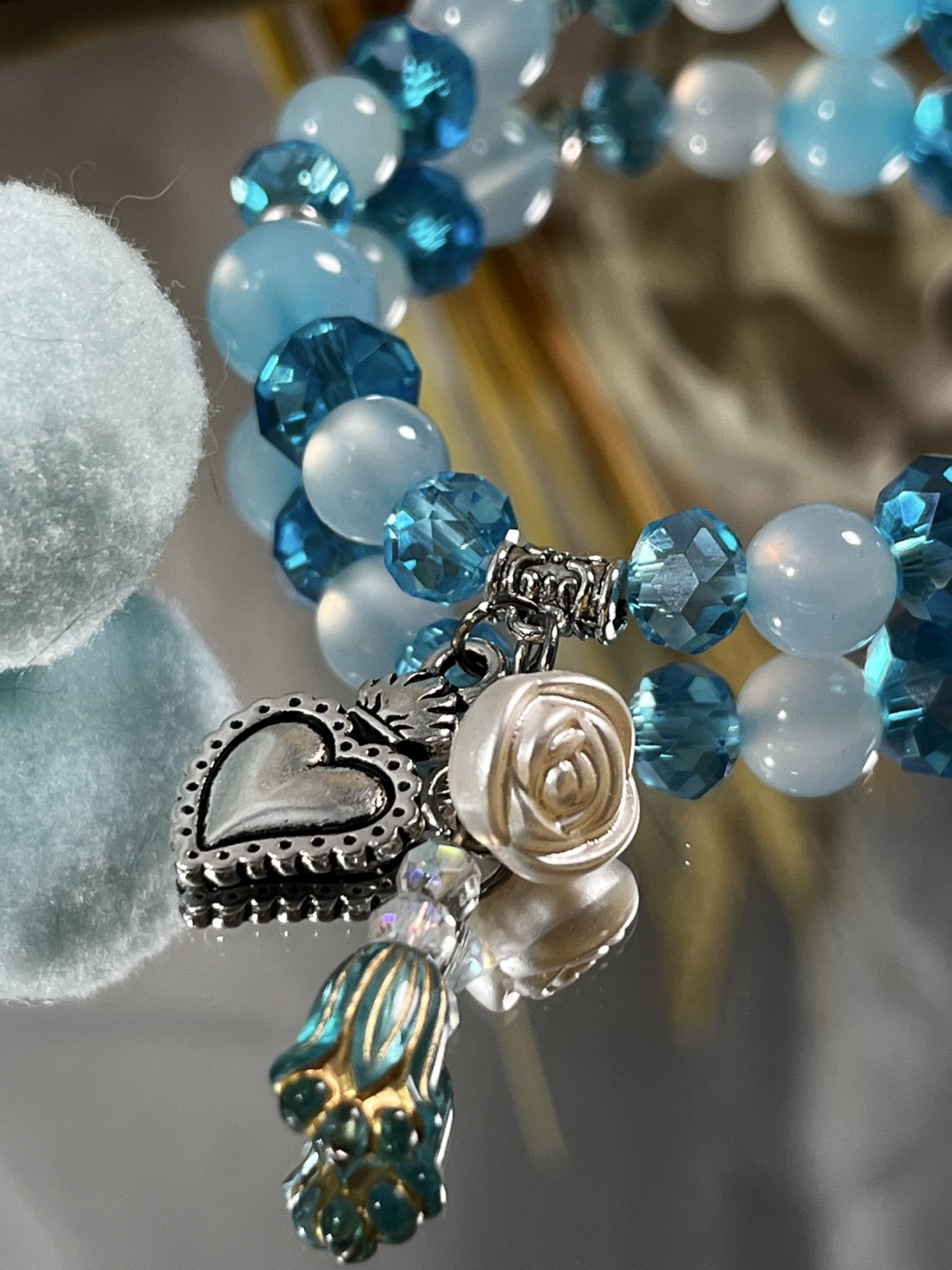Rose, Tulip and Heart on Light Blue Agate Bead Bracelet - photo 4