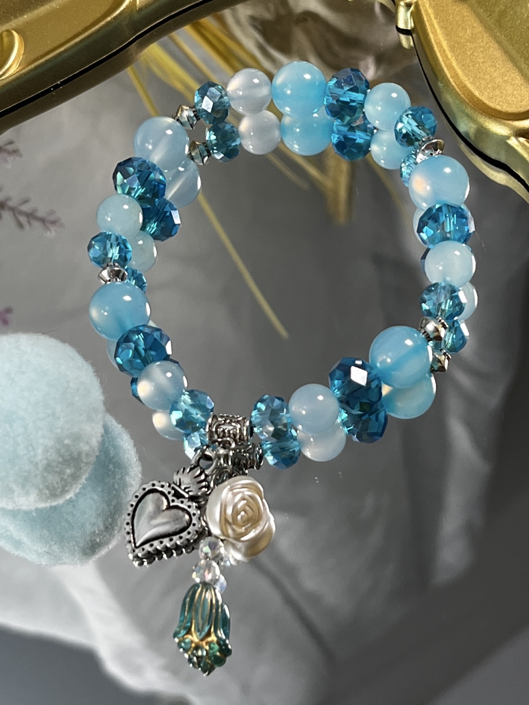 Rose, Tulip and Heart on Light Blue Agate Bead Bracelet - photo 5
