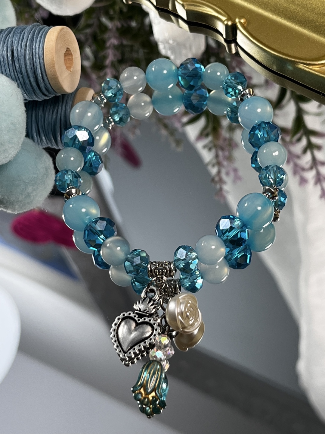 Rose, Tulip and Heart on Light Blue Agate Bead Bracelet - photo 3