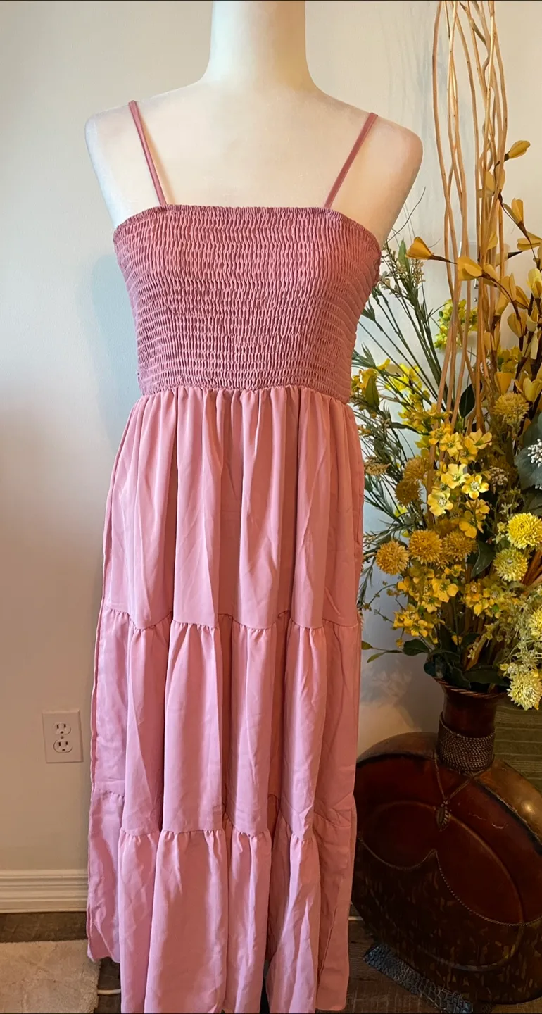 Pink Smocked Tiered Midi Dress thumbnail
