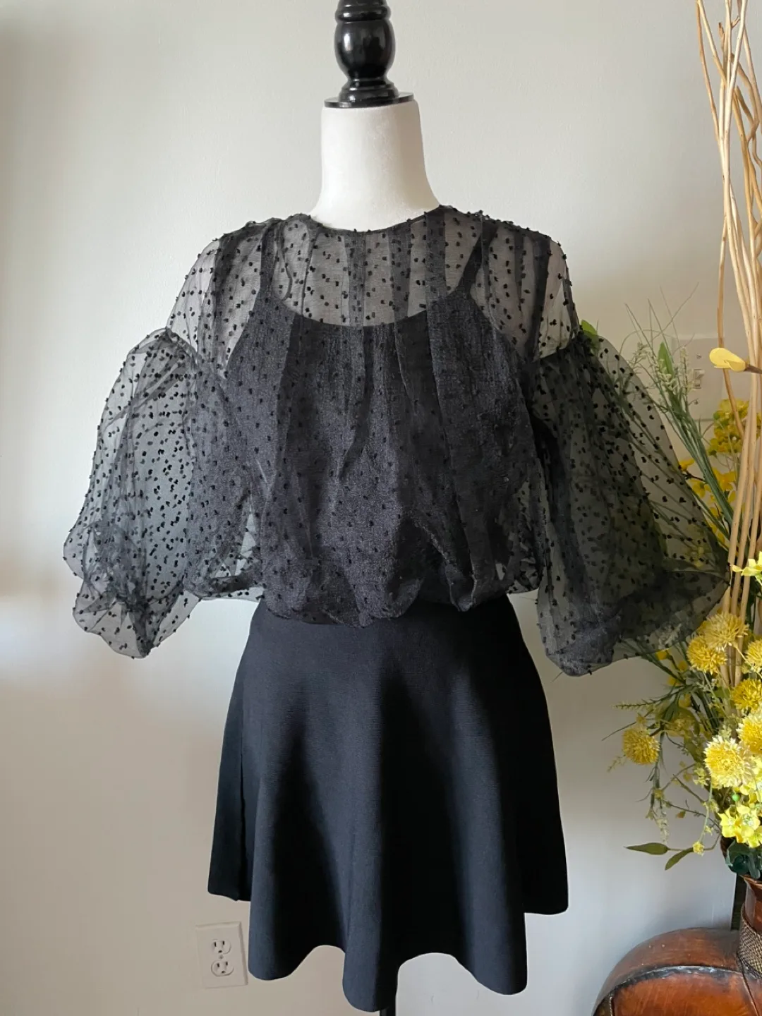 Black Polka Dot Sheer Blouse with Tank Top thumbnail