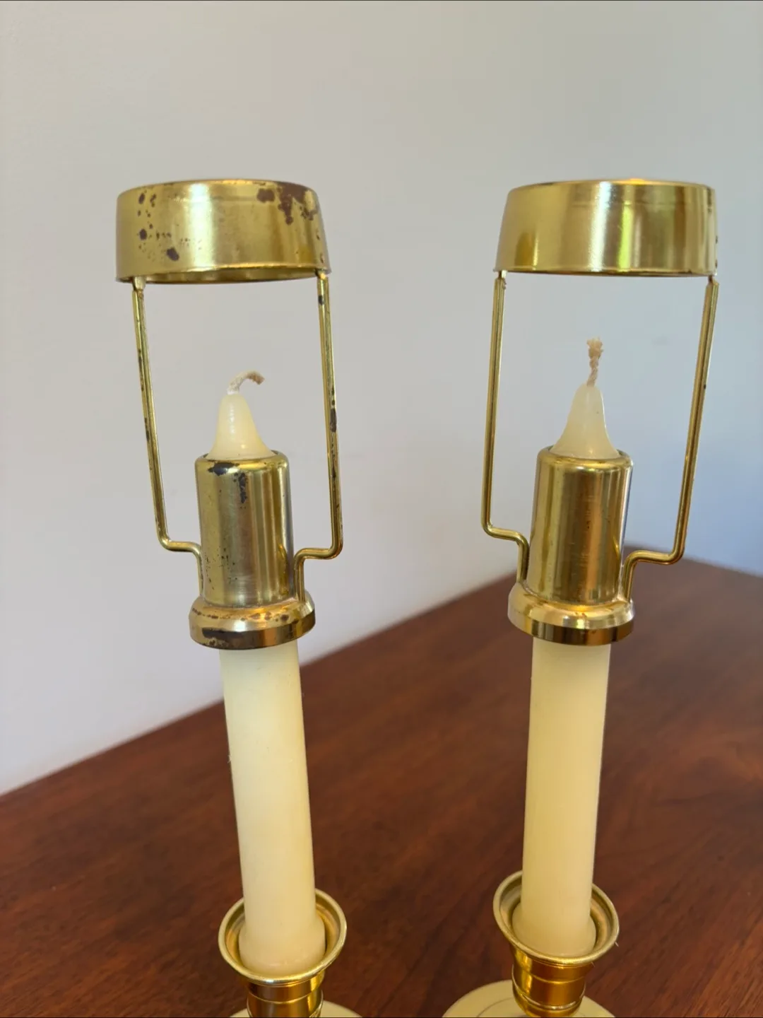 Pair of Brass Colonial Candle Lamps with Black Shades image indicator(4)