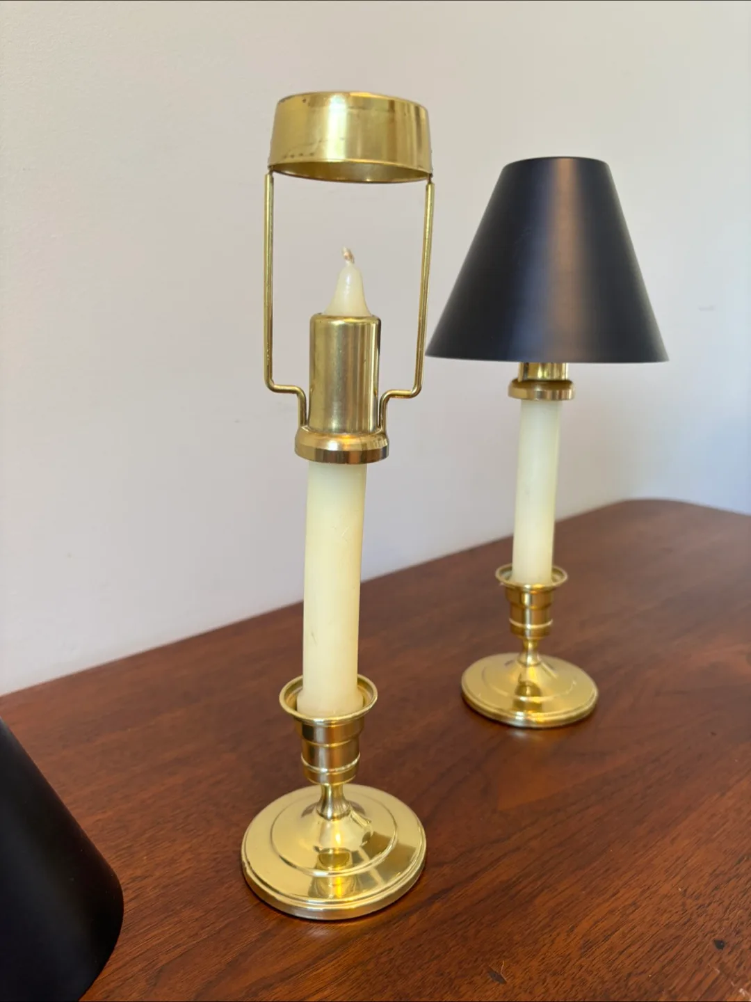 Pair of Brass Colonial Candle Lamps with Black Shades image indicator(2)