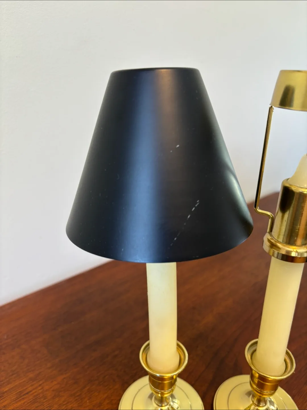 Pair of Brass Colonial Candle Lamps with Black Shades image indicator(5)
