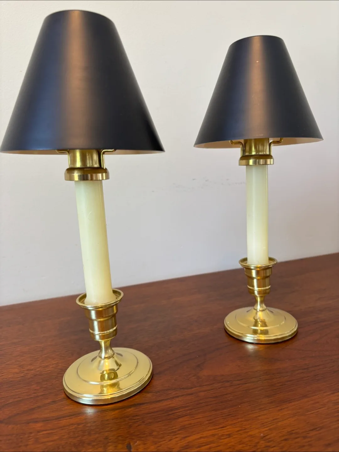 Pair of Brass Colonial Candle Lamps with Black Shades thumbnail