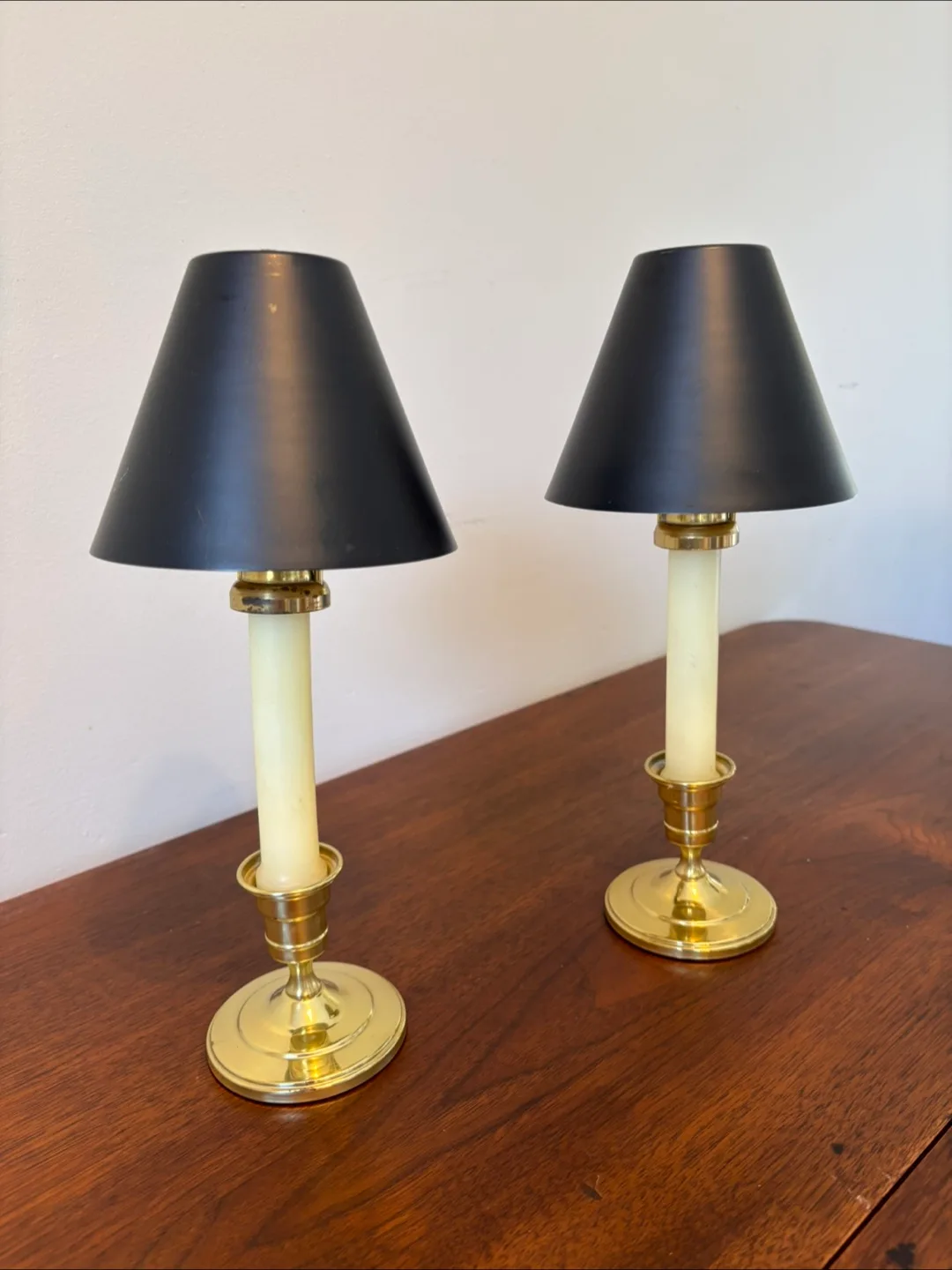 Pair of Brass Colonial Candle Lamps with Black Shades image indicator(6)