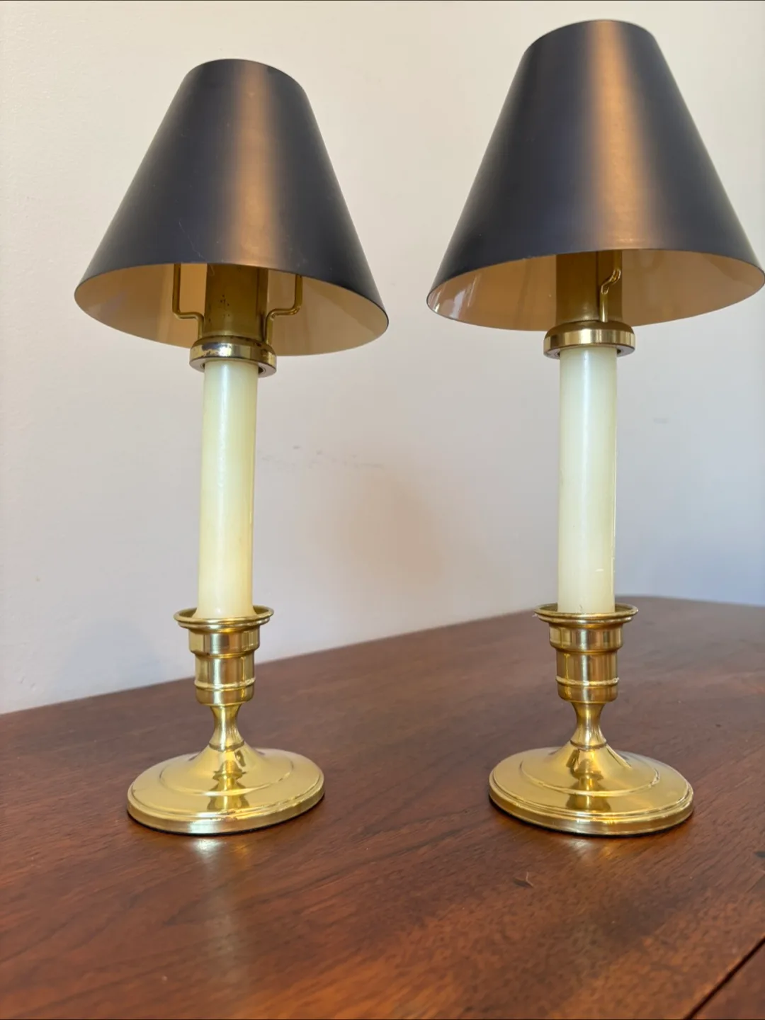 Pair of Brass Colonial Candle Lamps with Black Shades image indicator(8)