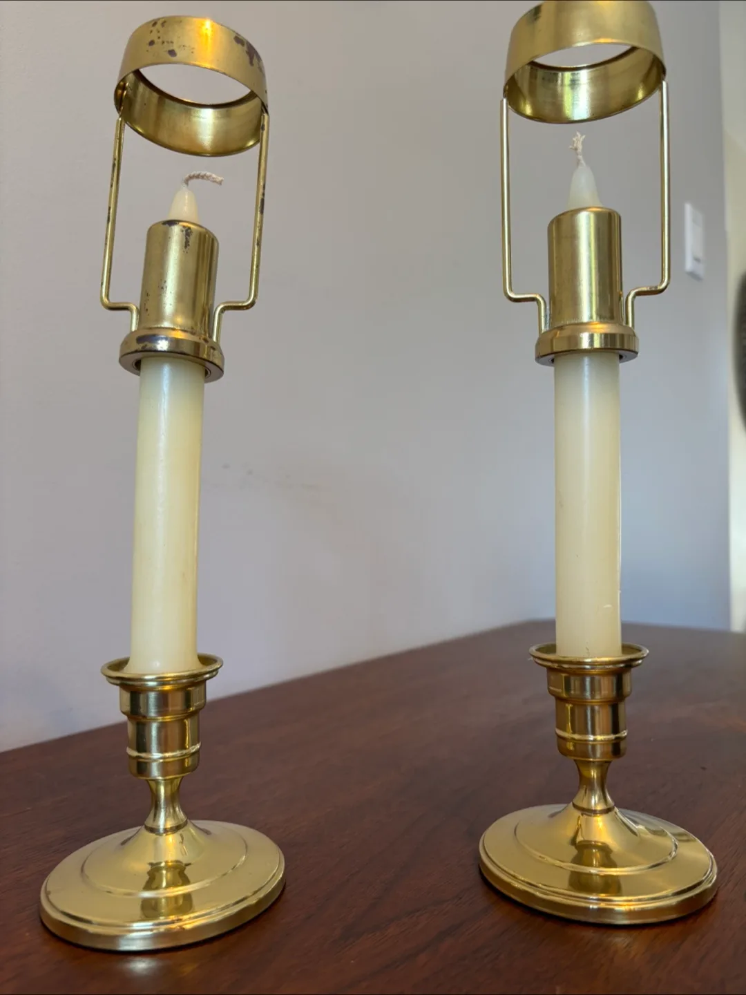 Pair of Brass Colonial Candle Lamps with Black Shades image indicator(7)