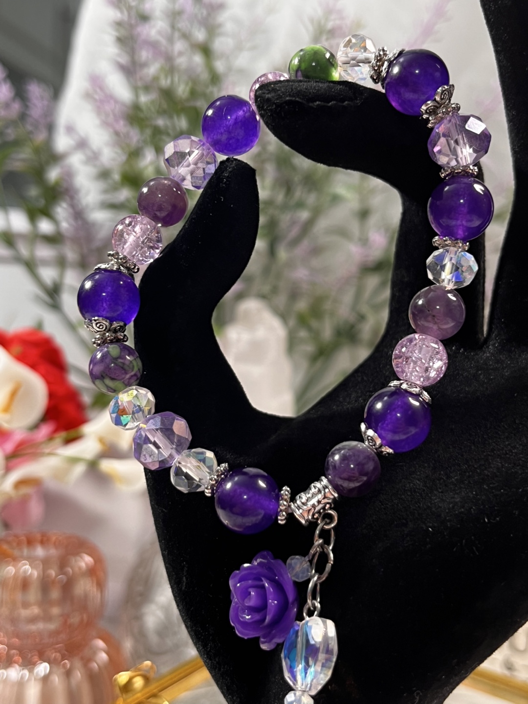 Flower & Heart on Amethyst, Jade, Mulberry Rain Flower Bracelet - photo 4