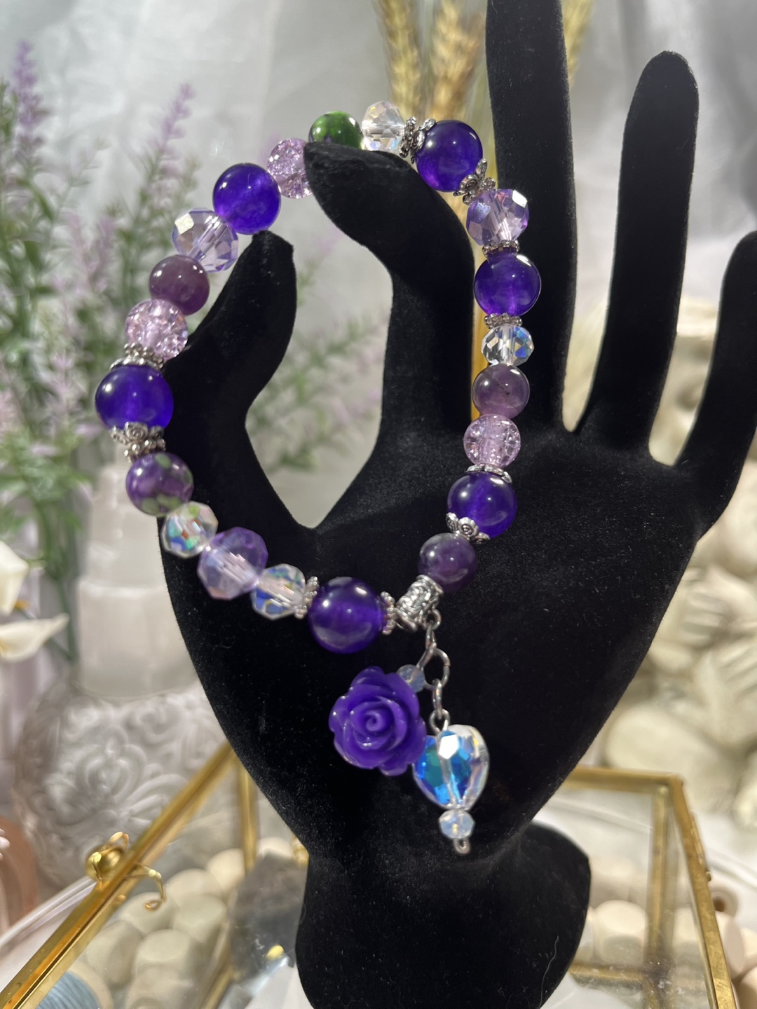 Flower & Heart on Amethyst, Jade, Mulberry Rain Flower Bracelet - photo 3