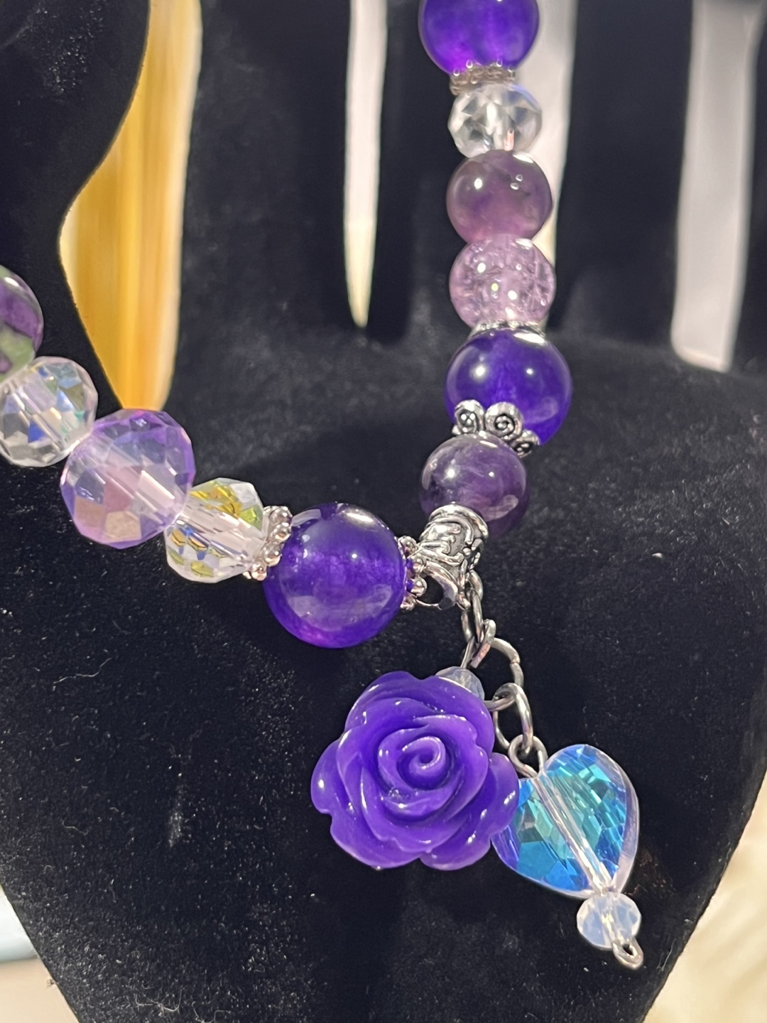 Flower & Heart on Amethyst, Jade, Mulberry Rain Flower Bracelet