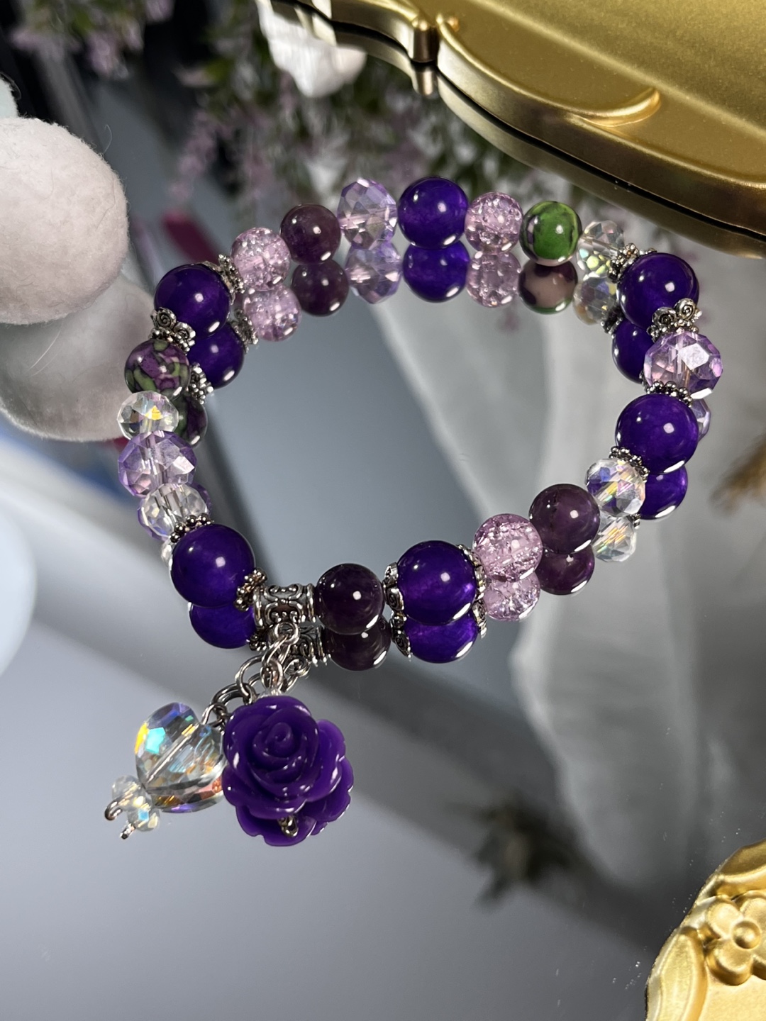Flower & Heart on Amethyst, Jade, Mulberry Rain Flower Bracelet - photo 5