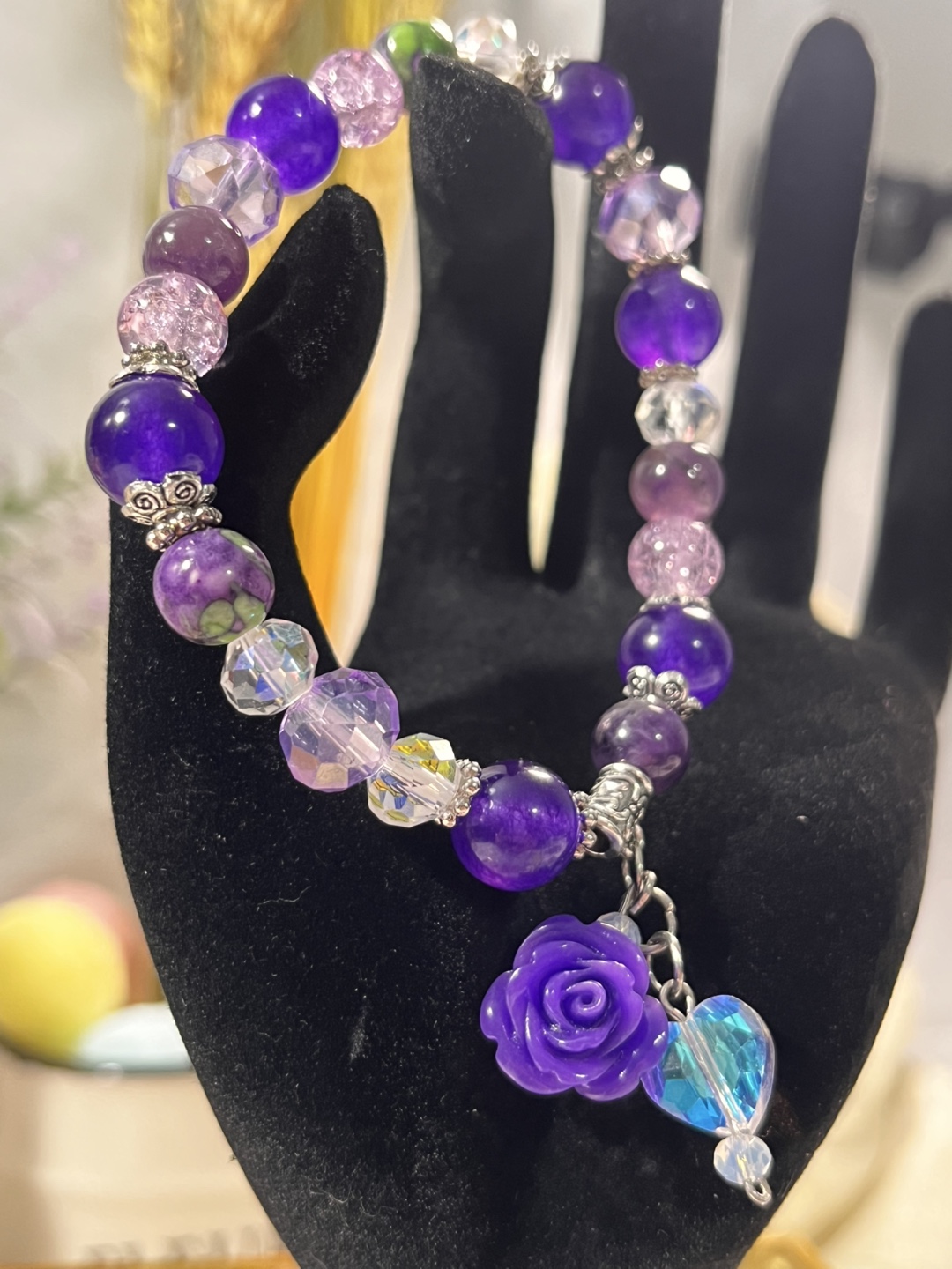 Flower & Heart on Amethyst, Jade, Mulberry Rain Flower Bracelet - photo 2