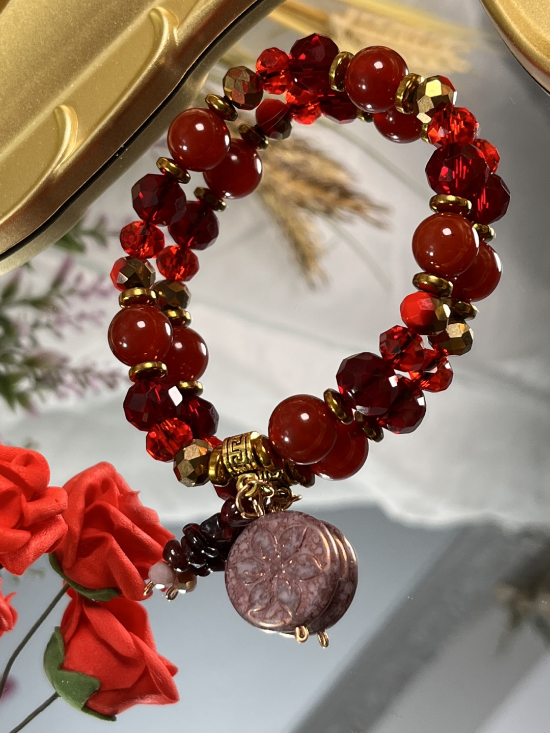 Flower Coin on Garnet, Red Agate and Red Crystals Bracelet - photo 3
