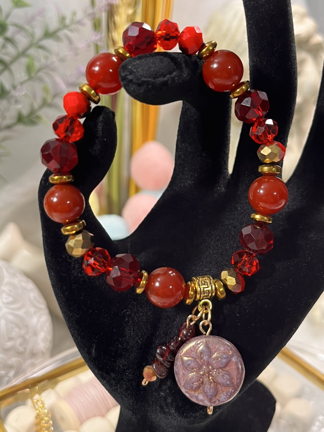 Flower Coin on Garnet, Red Agate and Red Crystals Bracelet