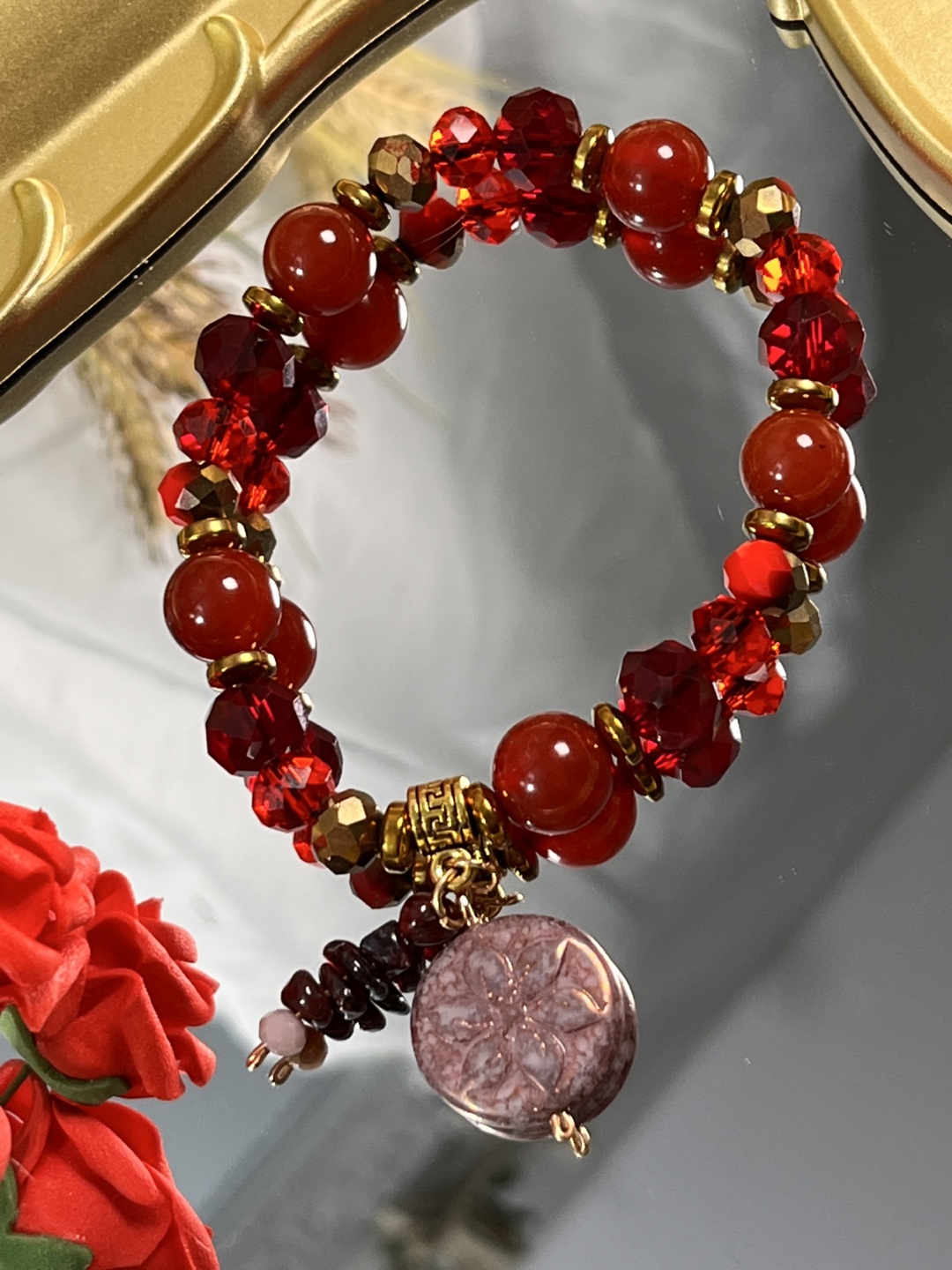 Flower Coin on Garnet, Red Agate and Red Crystals Bracelet - photo 4