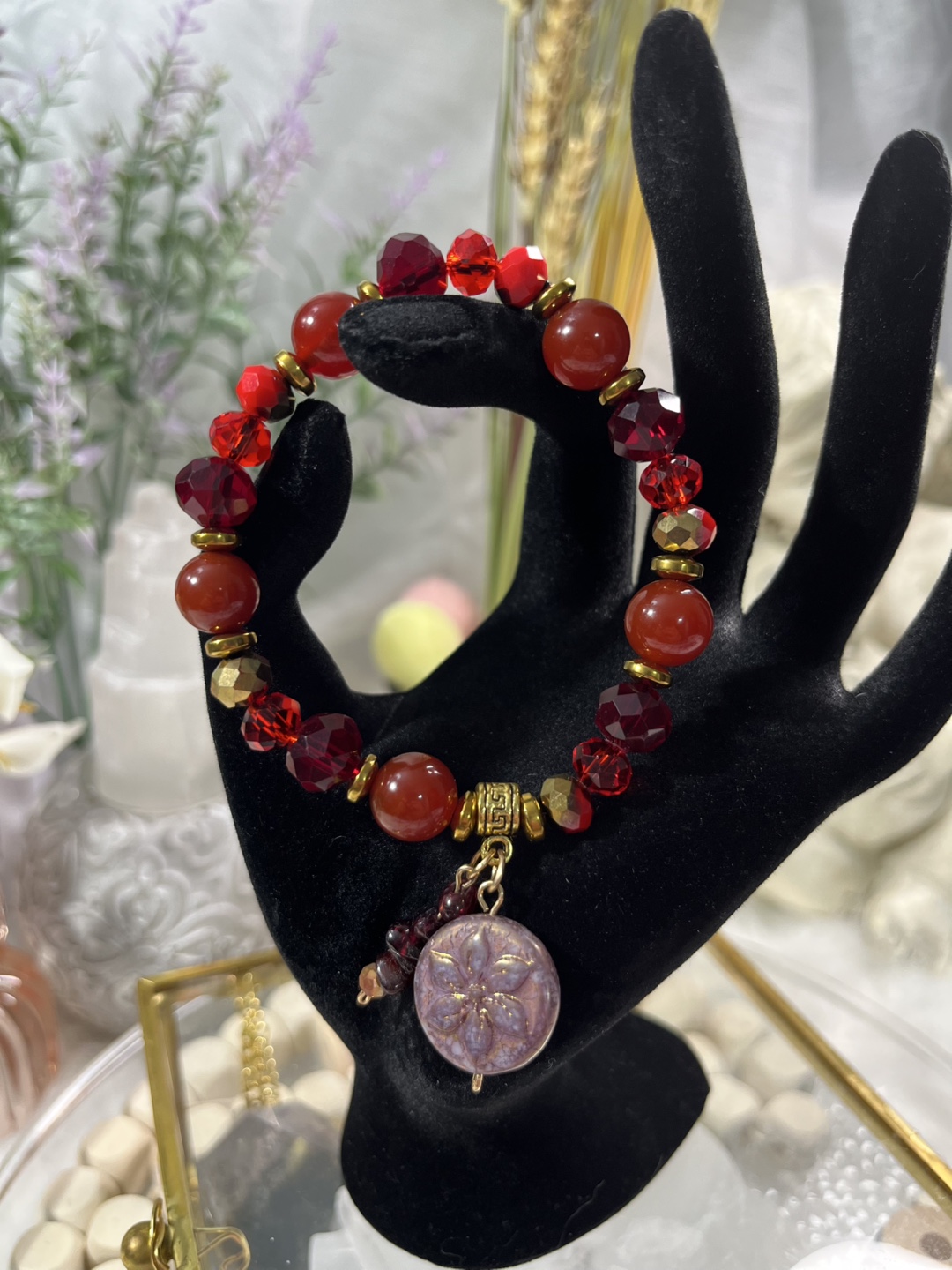 Flower Coin on Garnet, Red Agate and Red Crystals Bracelet - photo 2