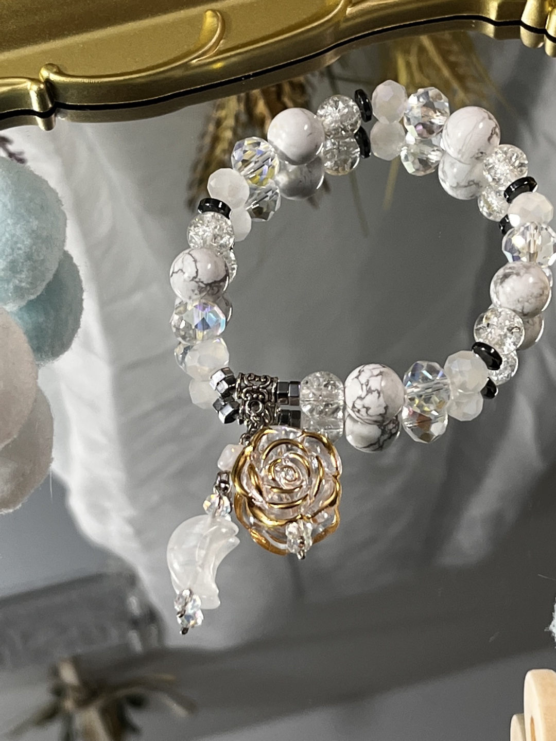 Flower and Moon on Howlite and Clear Crystal Bead Bracelet - photo 2