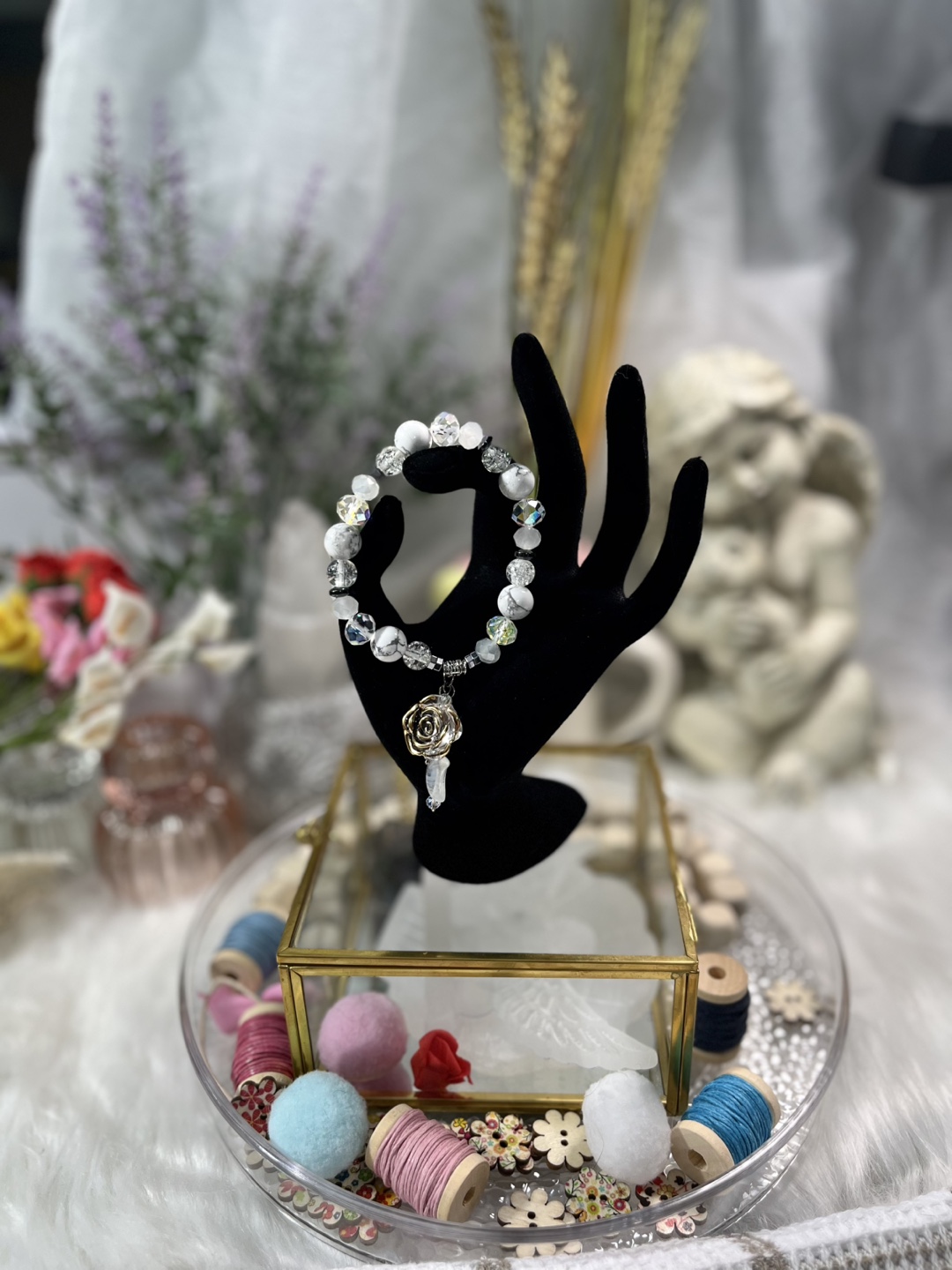 Flower and Moon on Howlite and Clear Crystal Bead Bracelet - photo 5