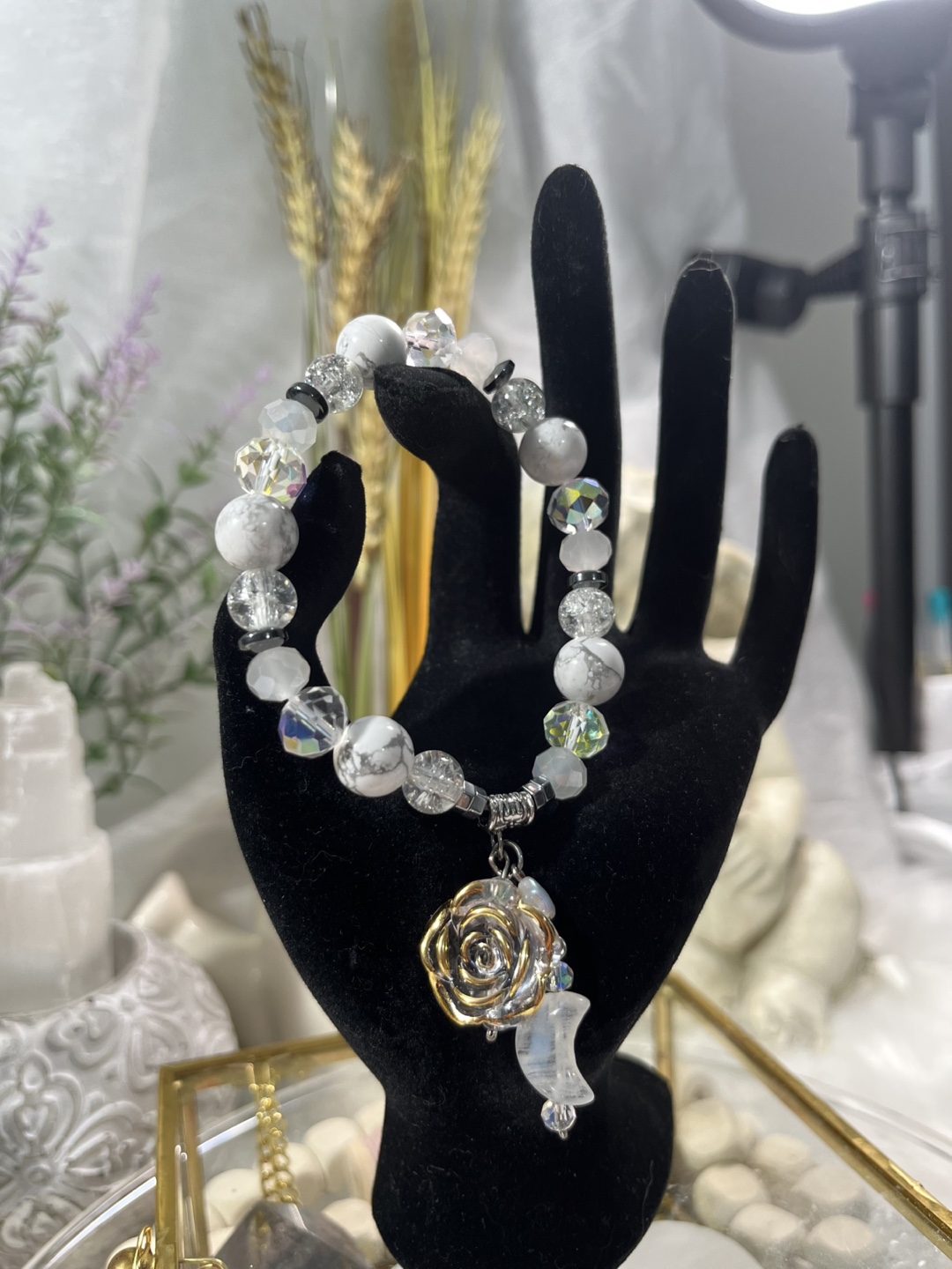 Flower and Moon on Howlite and Clear Crystal Bead Bracelet