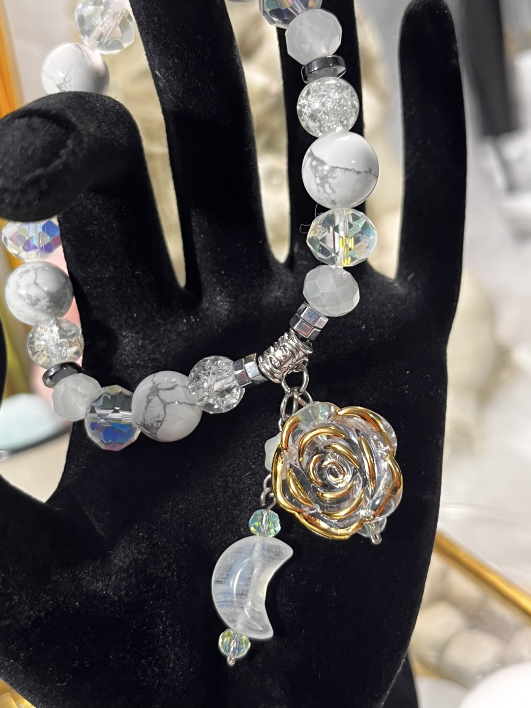Flower and Moon on Howlite and Clear Crystal Bead Bracelet - photo 4