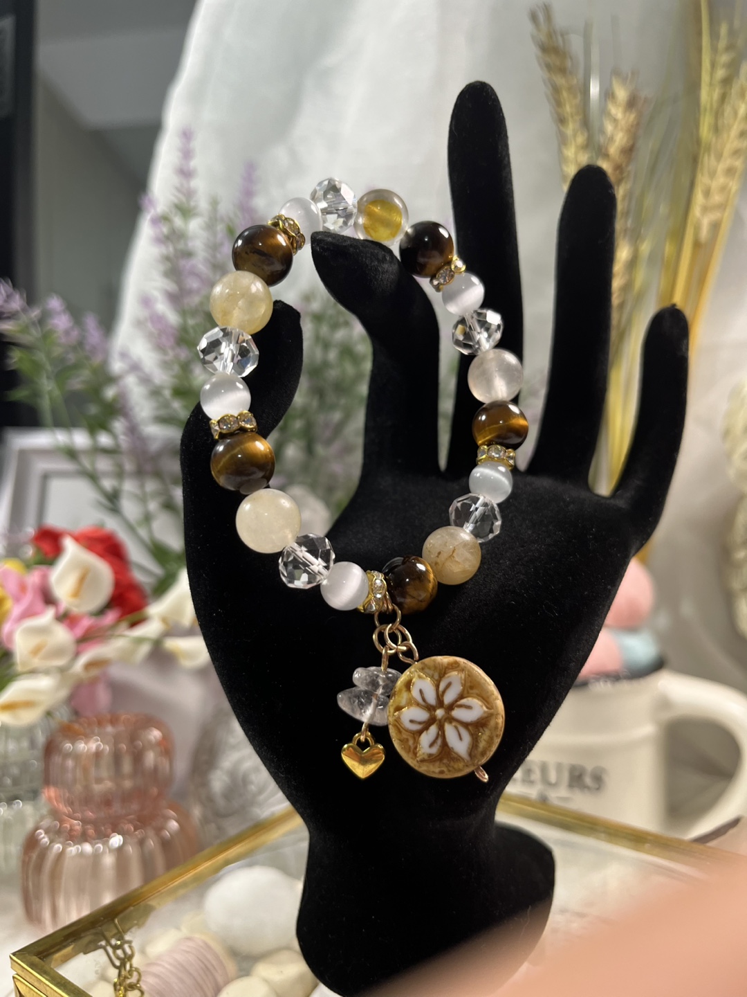 Flower Coin on Golden Healer, Tiger's Eye and Cat's Eye Bracelet - photo 4
