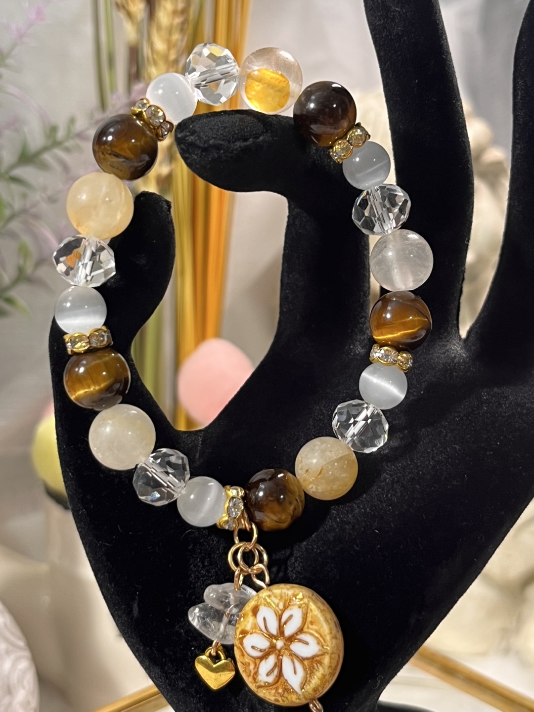 Flower Coin on Golden Healer, Tiger's Eye and Cat's Eye Bracelet