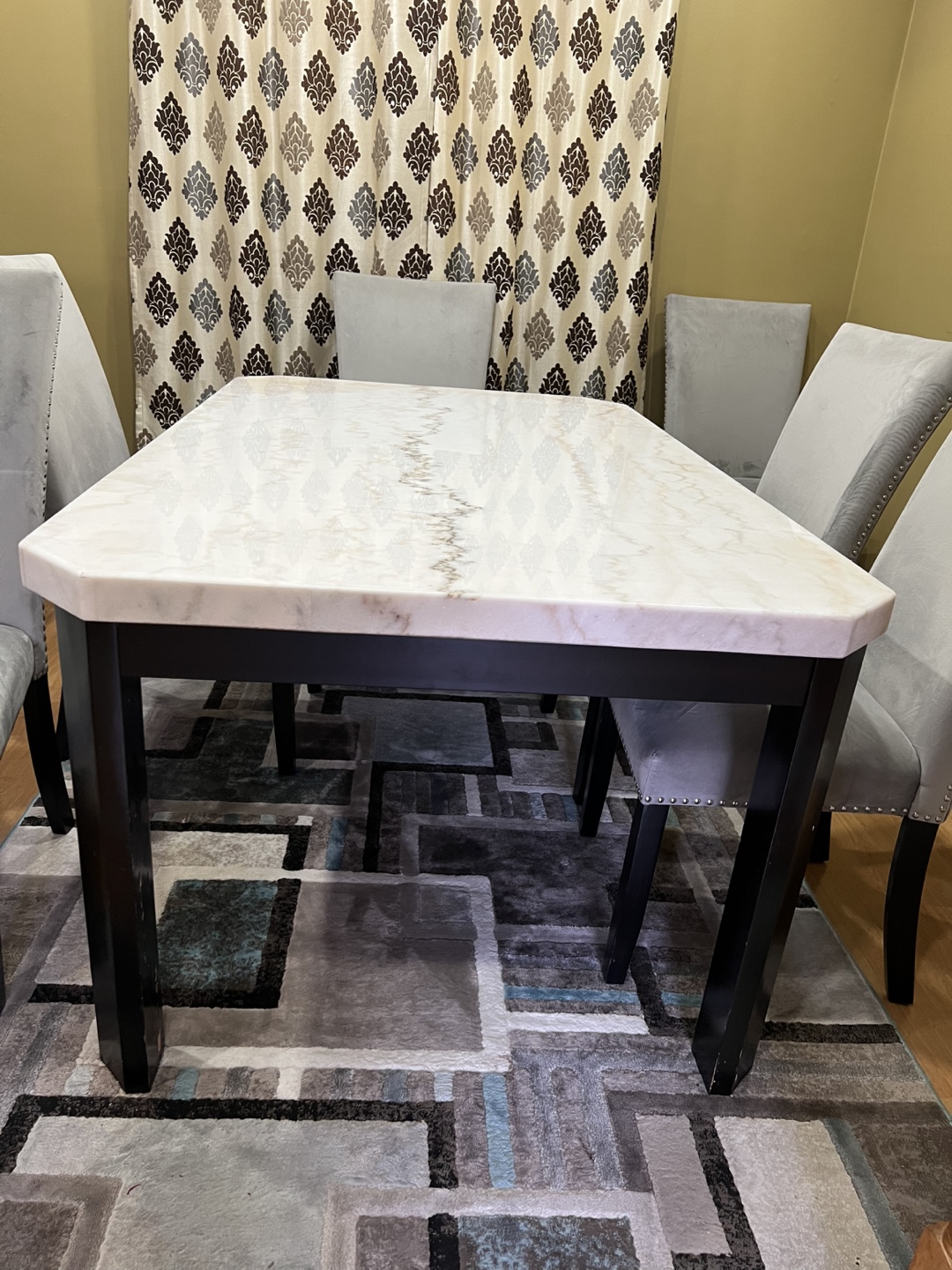 Marble Dining Table with 6 Grey Chairs