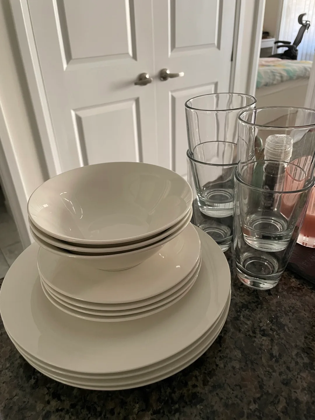 Set of 15 White Ceramic Bowls & Plates, and Glasses