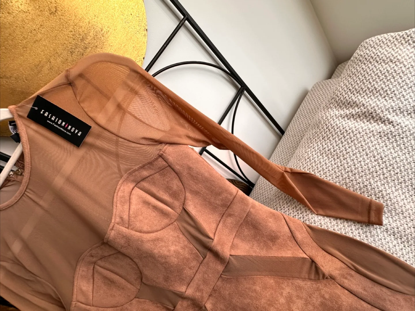 Mesh Panels Faux Suede Dress Sz S - Brown / Tan image indicator(4)