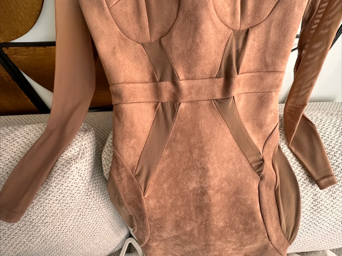 Mesh Panels Faux Suede Dress Sz S - Brown / Tan image indicator(3)
