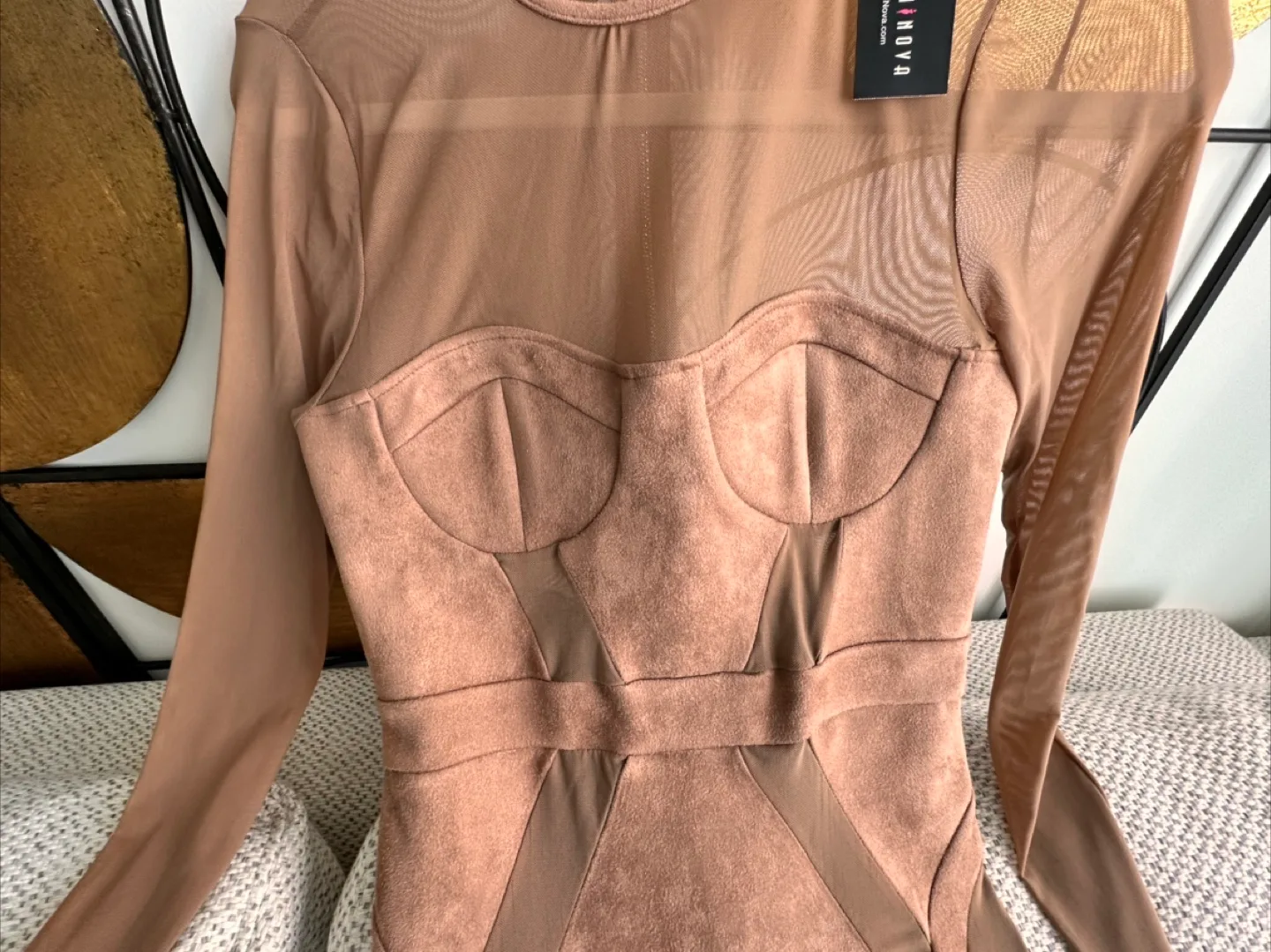 Mesh Panels Faux Suede Dress Sz S - Brown / Tan image indicator(2)