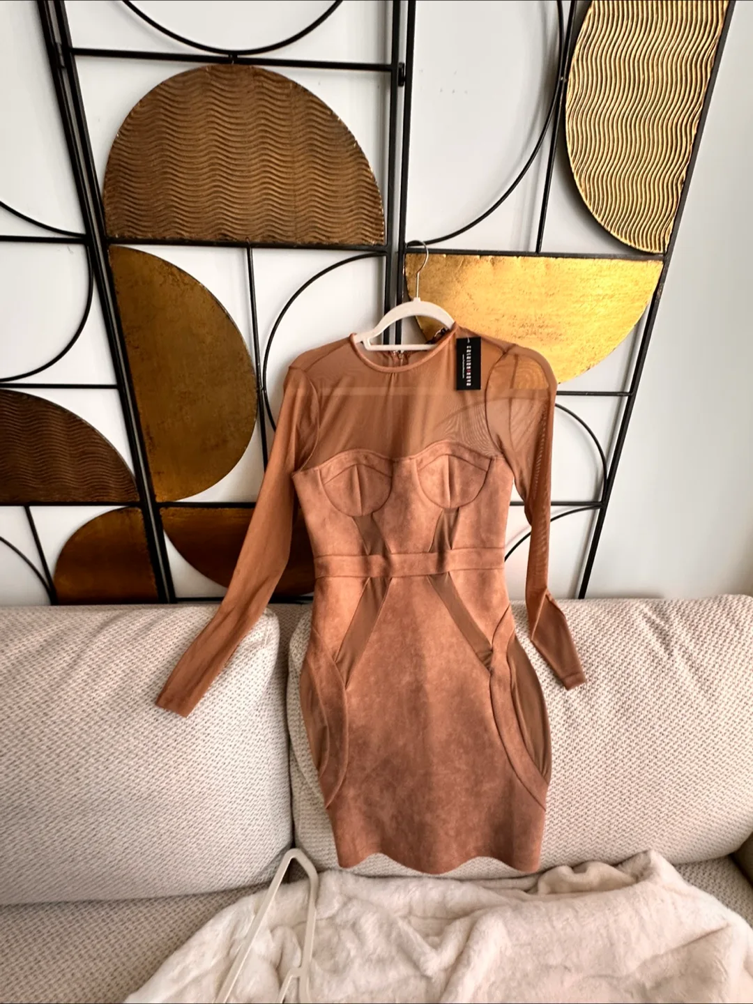Mesh Panels Faux Suede Dress Sz S - Brown / Tan thumbnail