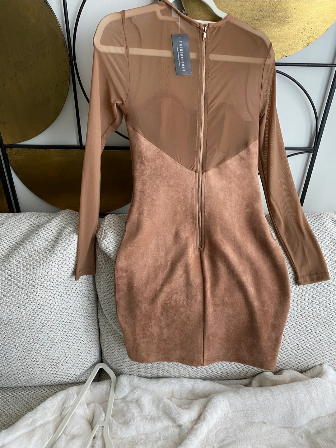 Mesh Panels Faux Suede Dress Sz S - Brown / Tan image indicator(5)