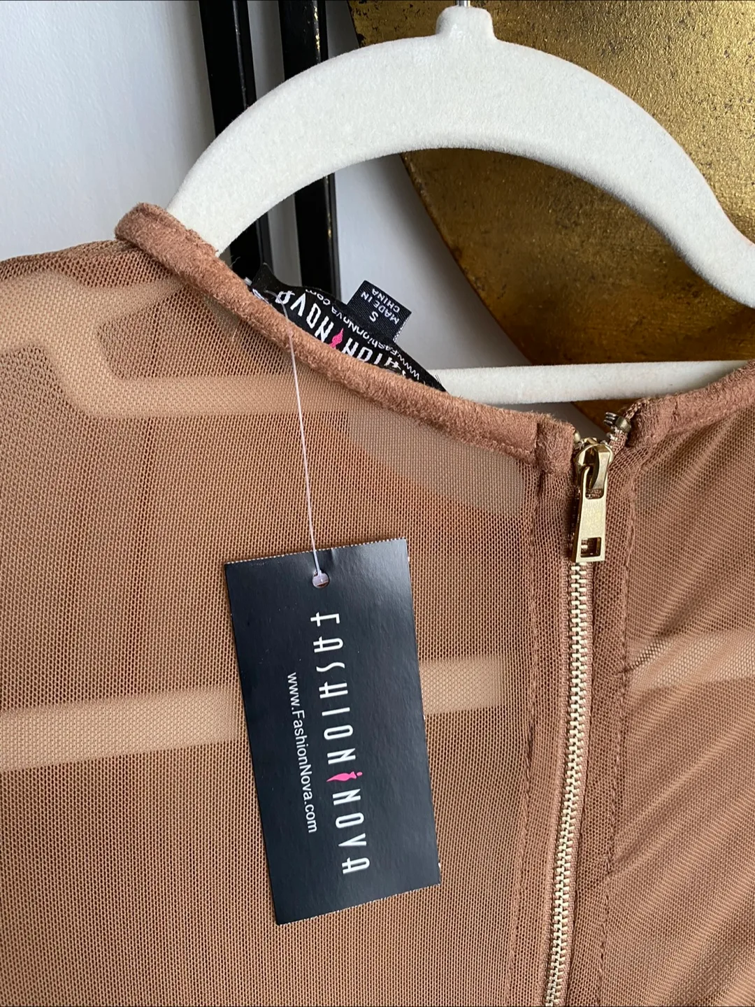 Mesh Panels Faux Suede Dress Sz S - Brown / Tan image indicator(6)