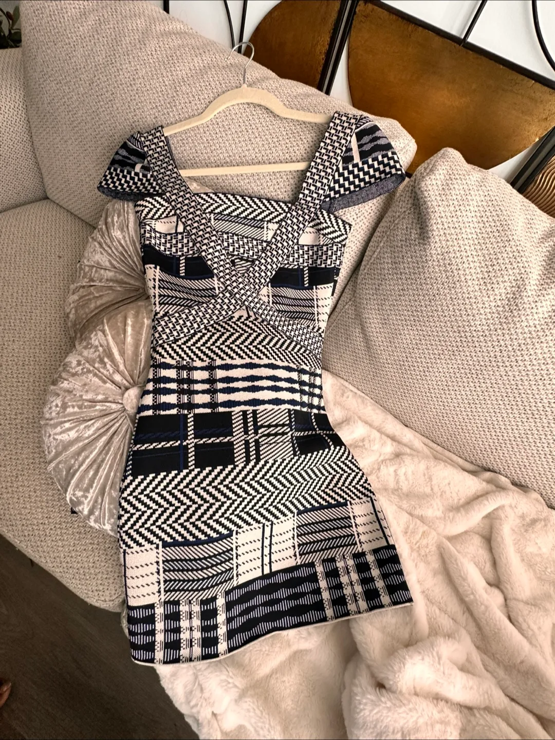 Blue Black And white Bandage Dress Sz S Floating Cap Sleeves image indicator(3)