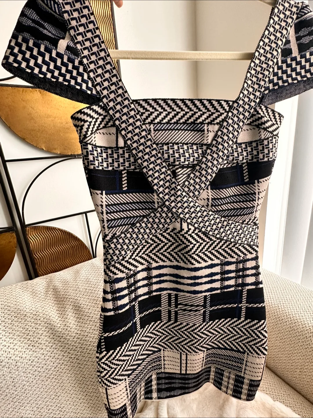 Blue Black And white Bandage Dress Sz S Floating Cap Sleeves image indicator(2)