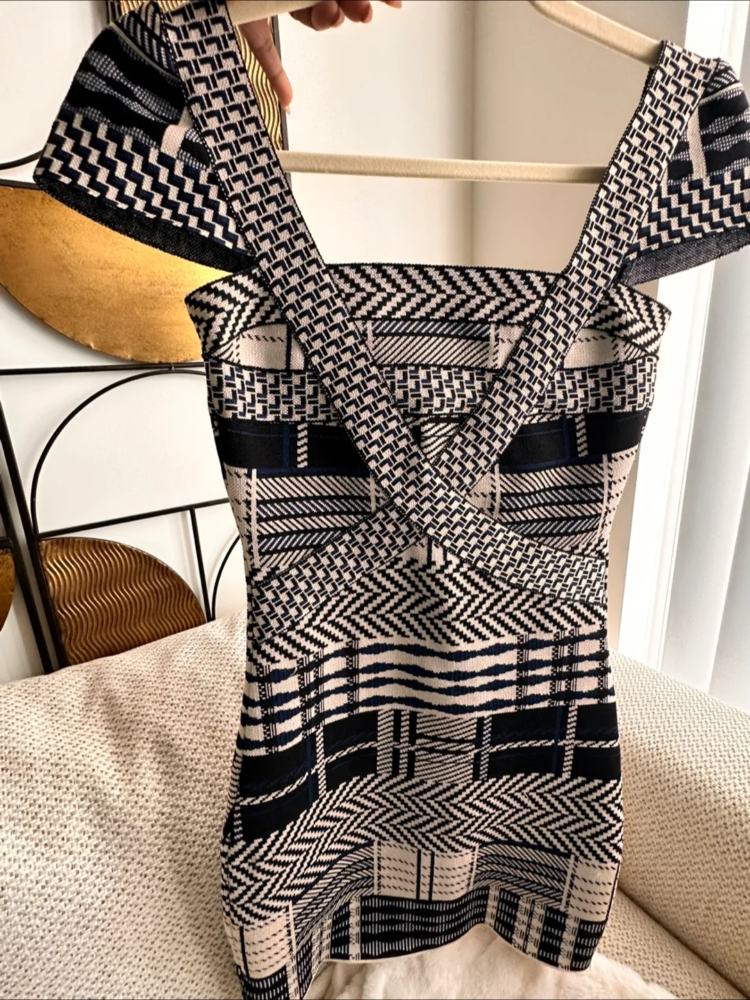 Blue Black And white Bandage Dress Sz S Floating Cap Sleeves thumbnail
