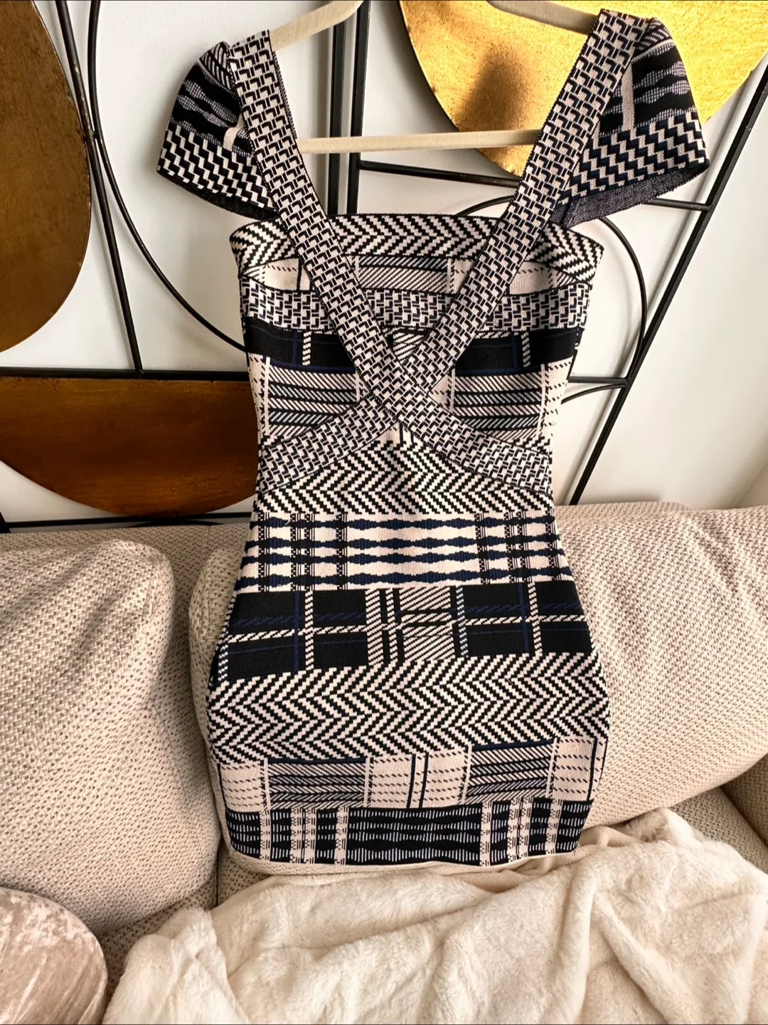 Blue Black And white Bandage Dress Sz S Floating Cap Sleeves image indicator(6)