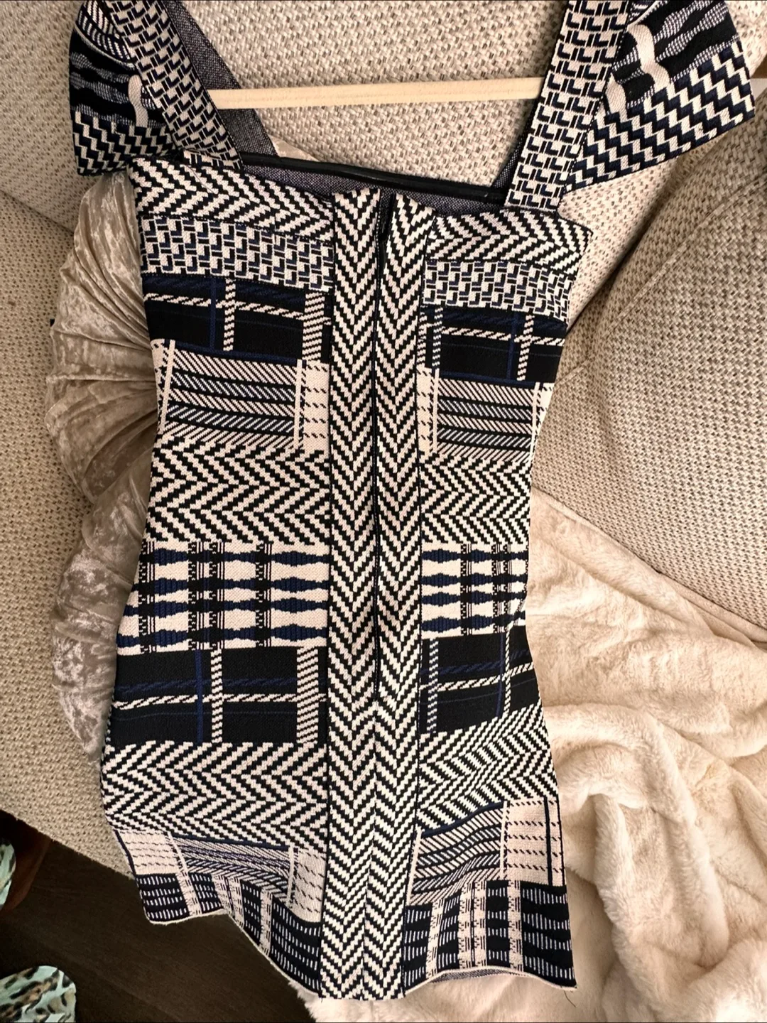 Blue Black And white Bandage Dress Sz S Floating Cap Sleeves image indicator(5)