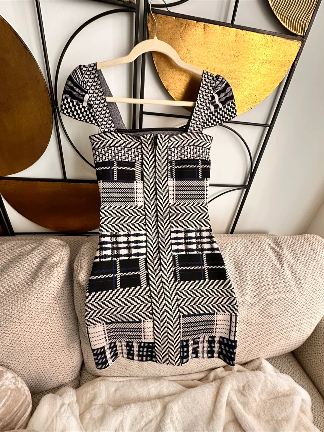 Blue Black And white Bandage Dress Sz S Floating Cap Sleeves image indicator(7)