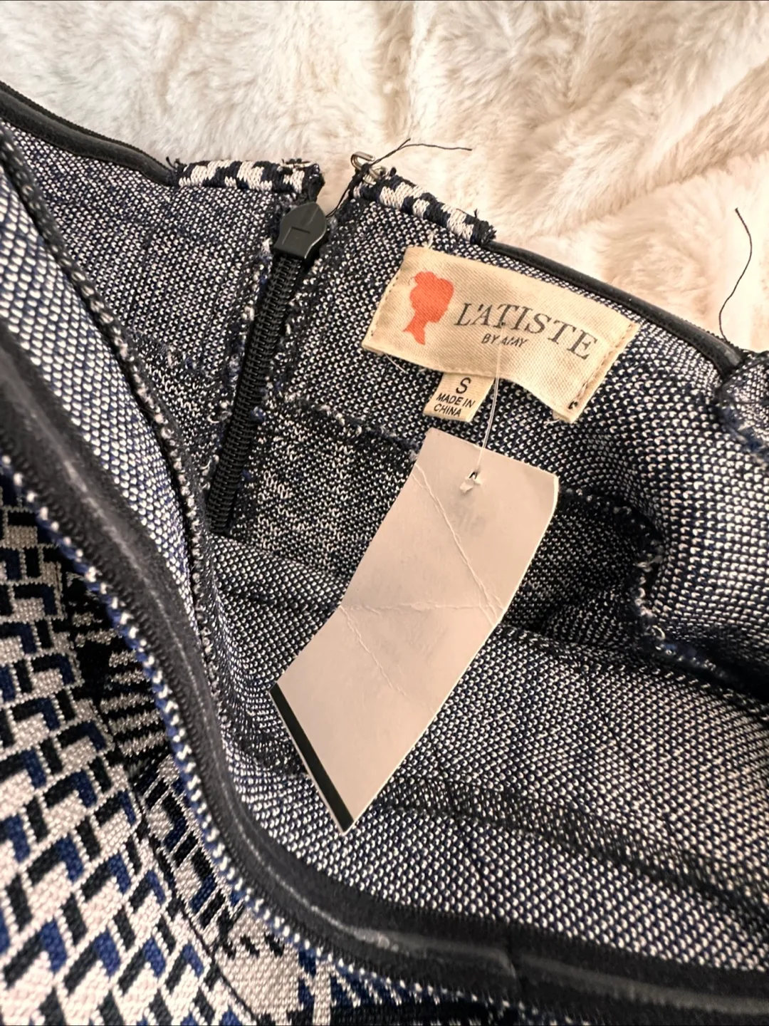 Blue Black And white Bandage Dress Sz S Floating Cap Sleeves image indicator(8)