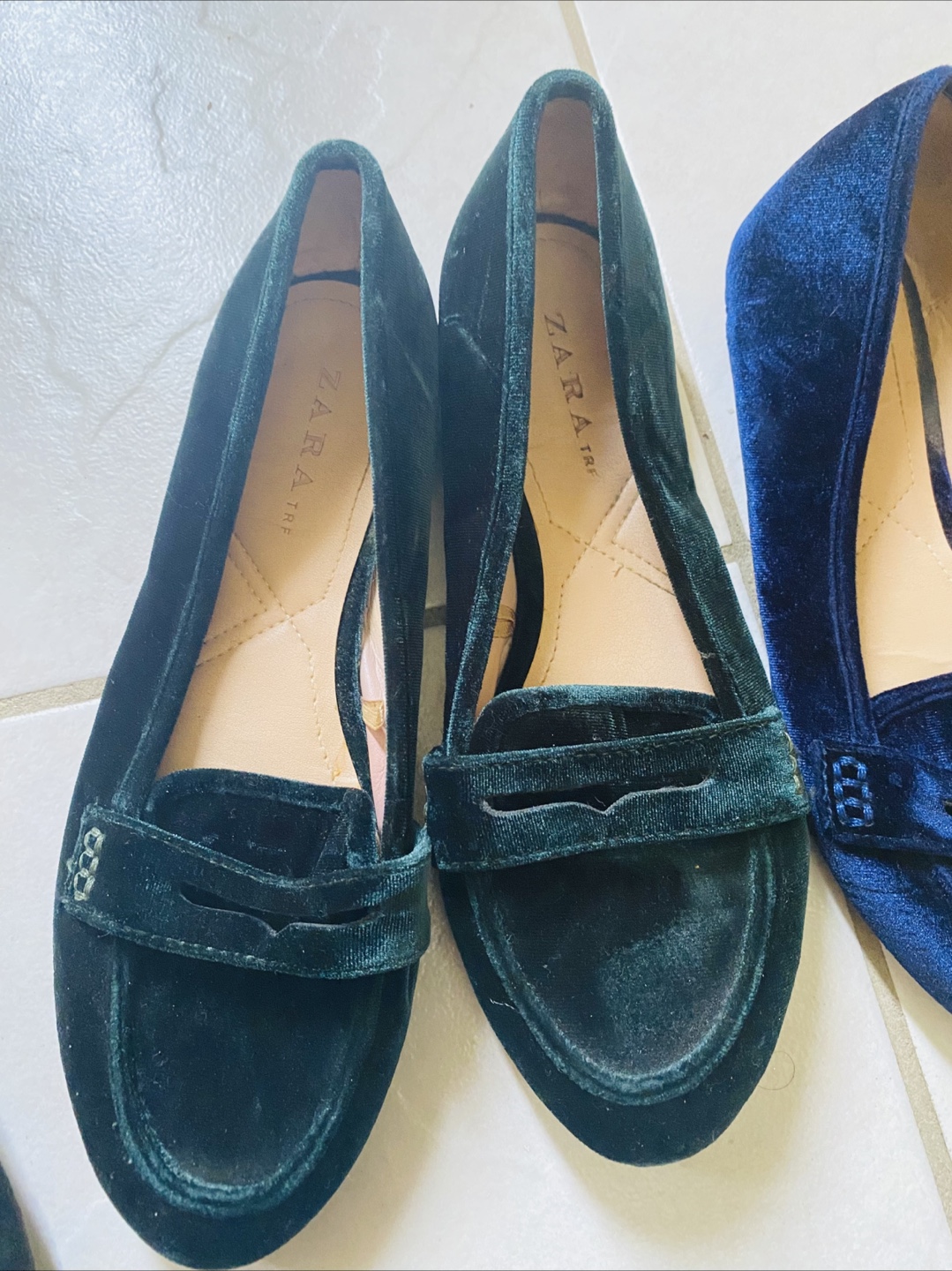Zara TRF Green Velvet Loafers - Size 37